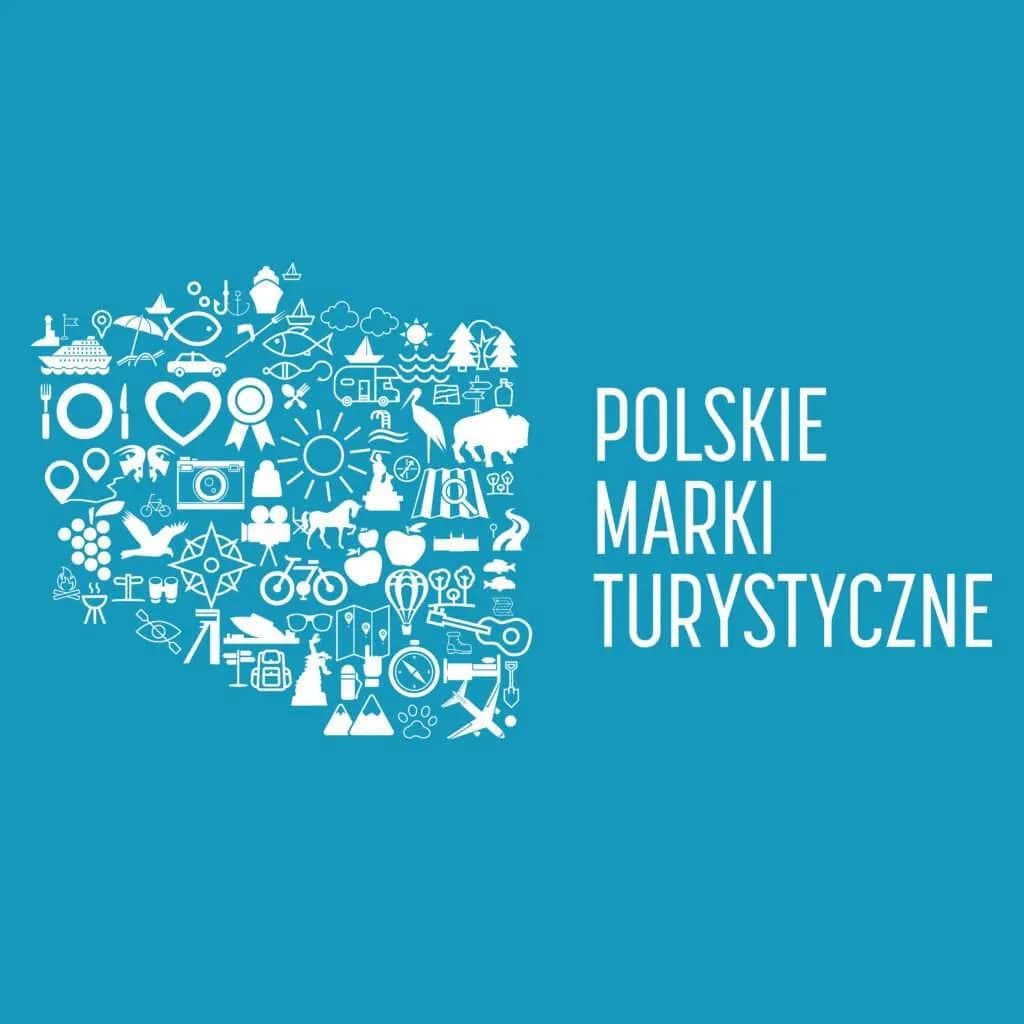 White silhouette of Poland filled with various travel and tourism-related icons, alongside the Polish words "POLSKIE MARKI TURYSTYCZNE" on a blue background.